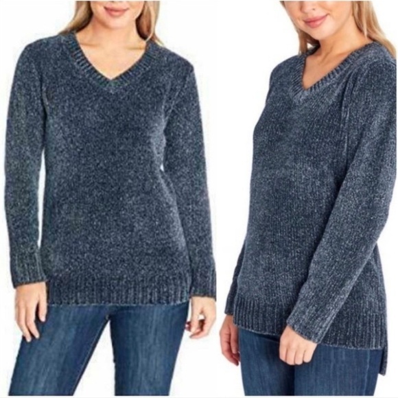 Orvis Women’s Blue Chenille V-Neck Pullover Sweater Size L Soft Cozy Knit - Picture 1 of 13